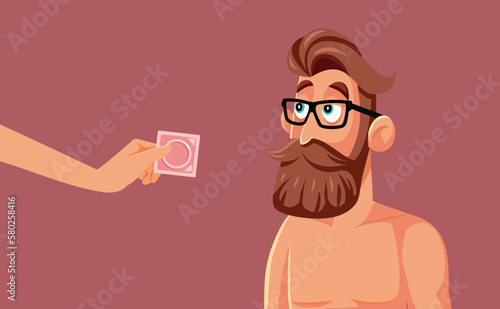 Girlfriend Holding a Condom for Protected Relationship Vector Illustration. Couple about to have intercourse using contraceptive methods as safety 