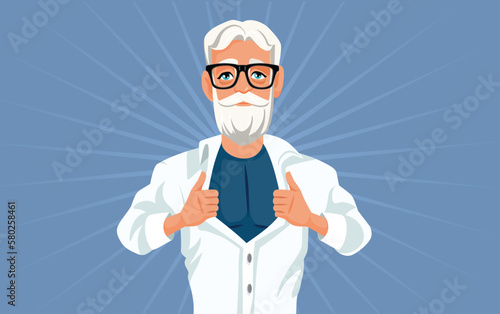 Senior Man Revealing Superhero Costume under the Shirt Vector Cartoon. Elderly pensioner in shape feeling heroic and strong
