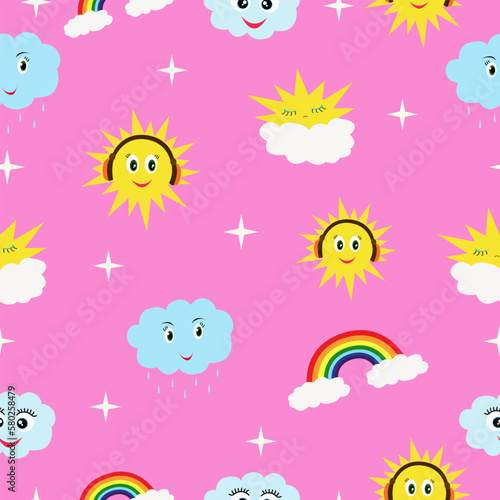 cute seamless pattern sun clouds and rainbow