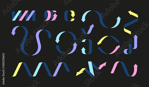 Trendy arrows. Playful curve spiral direction pointers, abstract dynamic quirky elements and minimalist decorative cursor signs. Vector doodle set. Wavy isolated markers, colorful zigzags