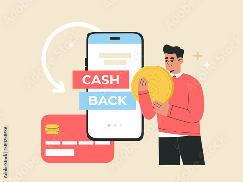 Online cashback concept. Man holding big dollar coin. Refund money from payment. Internet transaction, money saving. Mobile phone, arrow, credit card. Vector illustration, modern flat cartoon style