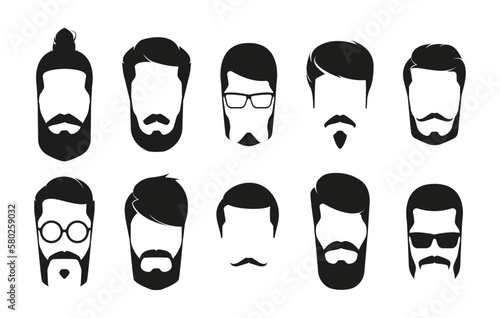 Bearded man head. Hipster dapper male portraits with mustaches and beards, black sketchy gentleman faces with different hairstyles. Vector flat set. Characters with various hairstyles