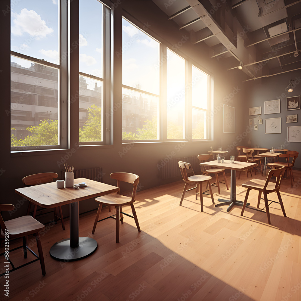 Illustration of a modern coffee shop in the morning. Equipped with modern and simple design furniture and decorations. Has a large window to provide a comfortable view to customers. 

