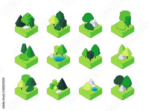 Isometric forest. Trees and bushes environment for landscape design, decorative nature elements polygonal shape for game assets. Vector flat collection. Botanical objects with lake, stone