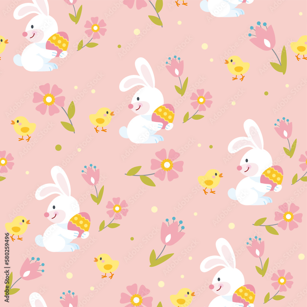 Colorful seamless pattern with cute cartoon chickens, eggs and bunny in flat style. Endless texture for fabric, baby clothes, background, textile, wallpaper. Vector illustration with flowers. Colorful seamless pattern with cute cartoon chickens, eggs and bunny in flat style. Endless texture for fabric, baby clothes, background, textile, wallpaper. Vector illustration with flowers.