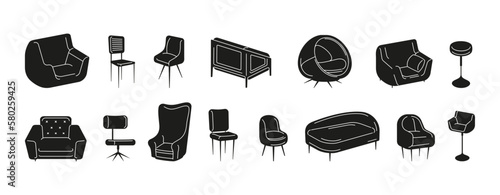Silhouette chairs. Black comfortable seating furniture objects, doodle stools and armchairs, sketchy cozy interior decor elements. Vector isolated set. Scandinavian home design objects for living room