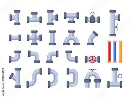 Pipe elements. Water pipeline engineering system details, piping connector construction with tubes and valves drainage system. Vector flat set. Plumbing equipment fitting, steel parts