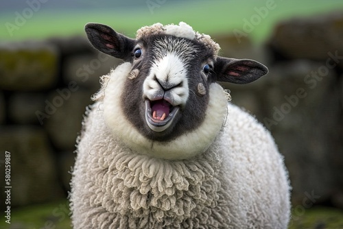 Funny picture of a Greyface Dartmoor lamb with its tongue out. Greyface Dartmoor lambs are a rare breed of domestic sheep that come from the area around Dartmoor in south west England. Generative AI