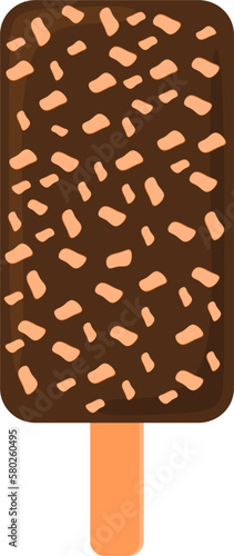 Ice cream with chocolate glaze and nuts on stick. Vector illustration.