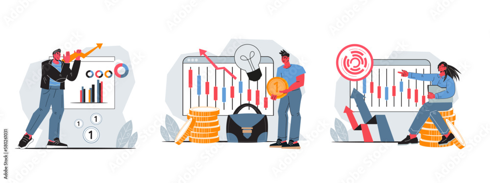 Stock trading and investment, business analysis, trader strategy set of flat vector illustrations isolated on white background.