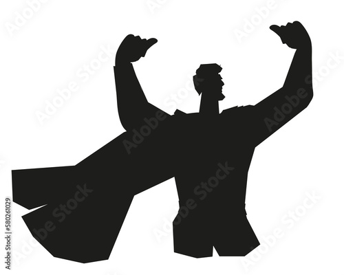 Black silhouette or contour of man in superhero costume demonstrates muscular strength and super power, vector illustration isolated on white background.