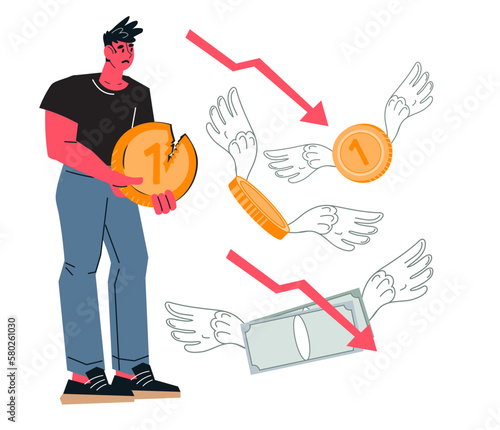Bankruptcy and money loss, financial crisis, budget exhaustion and depreciation of savings due to inflation. Depression and recession in economic, flat vector illustration isolated on white.