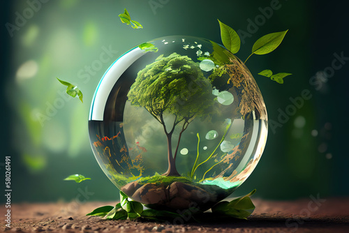 World environment and earth day concept with glass globe and eco friendly enviroment. Generative Ai photo