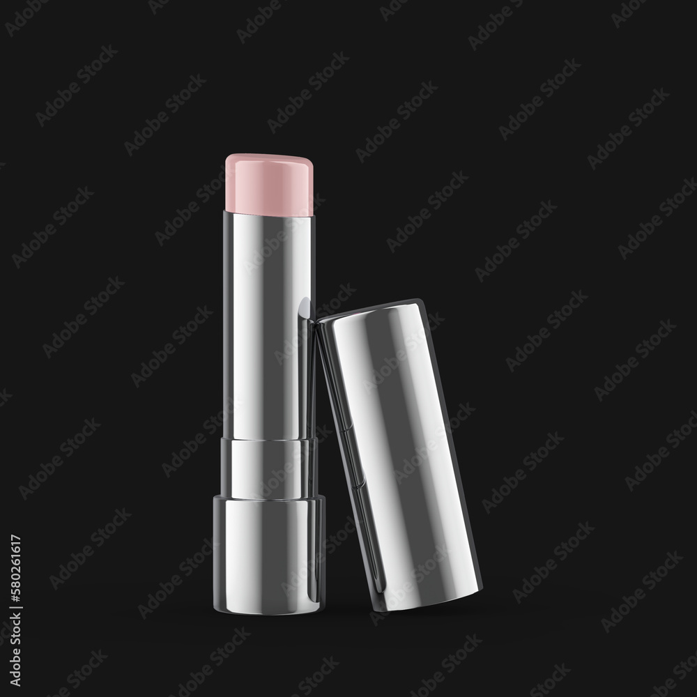 silver lip balm open bottle front view isolated black background