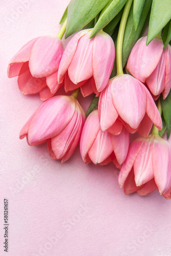 Fototapeta Naklejka Na Ścianę i Meble -  Bouquet of pink tulips on pink background.