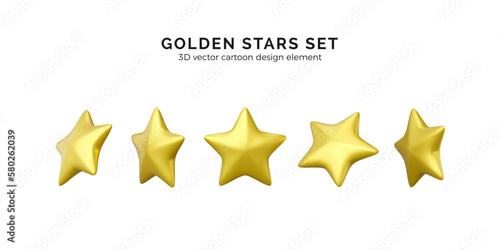 Golden stars collection. 3d stars render set for rang, rating, achievement. Realistic design element, confetti Golden stars collection. 3d stars render set for rang, rating, achievement. Realistic design element, confetti