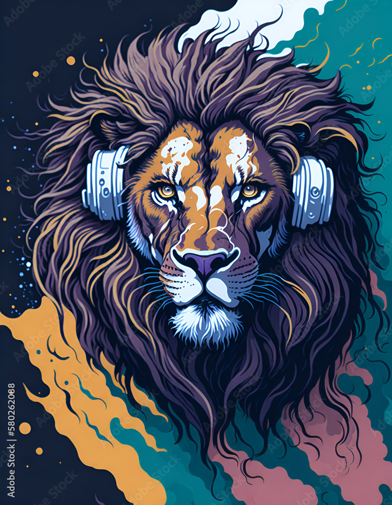 Lion head in headphones. AI generated illustration