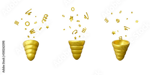 Cartoon 3D render set of gold party popper. Firecracker with flying confetti