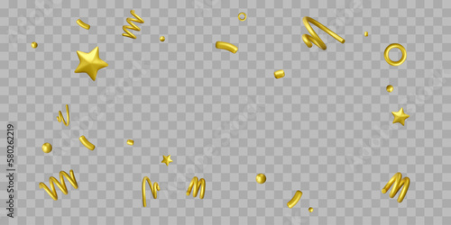 Golden confetti isolated on transparent background. 3D confetti template for birthday invitation, greeting cards and festive banners