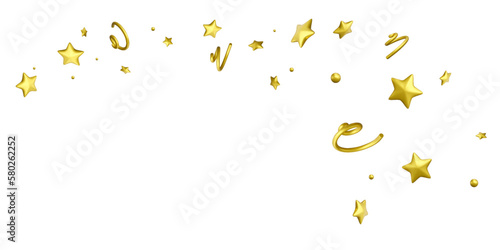 3D Party confetti with star  spirals and serpentine ribbon. Golden festive decoration elements for banner and poster. Birthday party celebration