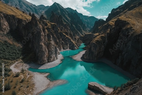 The gorge of Sulak. Dagestan. Water that's the color of turquoise, surrounded by a river and some mountains. Drone footage. State of Dagestan, Russian Federation. Tour by boat. Generative AI