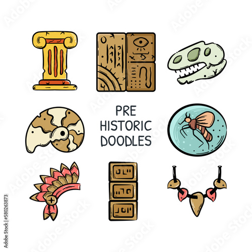 Pre-history doodle icons, column, hieroglyphs, skull, fossil, indian native, neclace. Hand drawn element vector illustration.