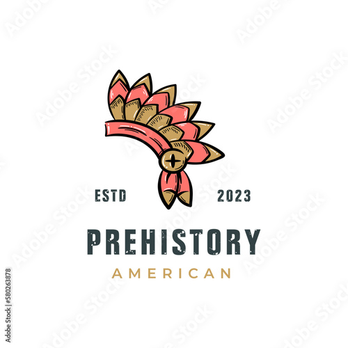 Native indian american ethnic hat pre history logo icon, hand drawn vintage vector illustration.