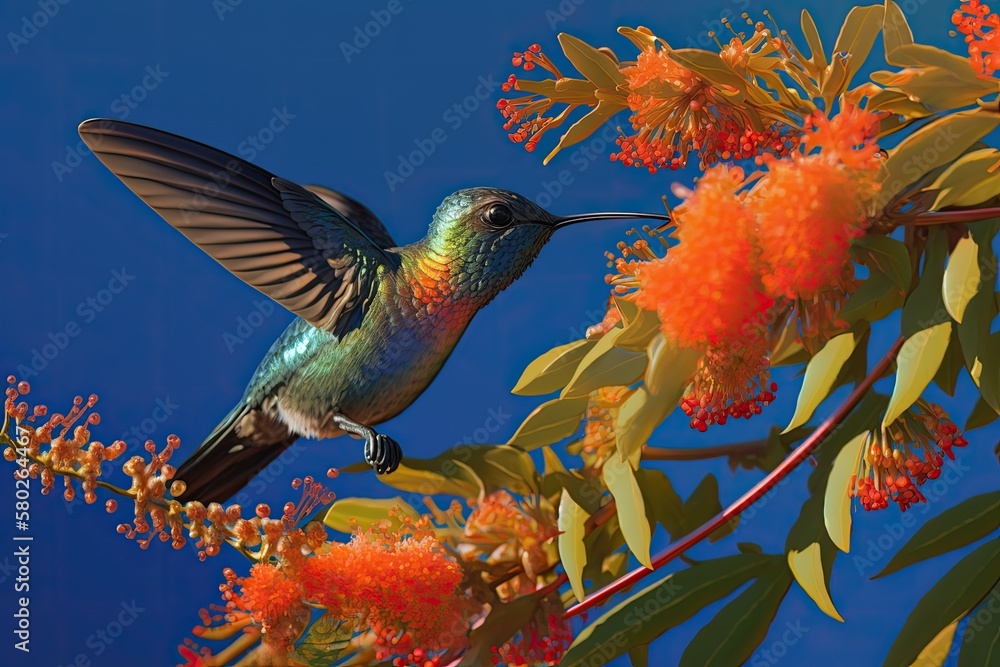 Fototapeta premium The female Blue chinned Sapphire hummingbird, against a clear blue sky, enjoying a meal of Pride of Barbados flowers. Generative AI