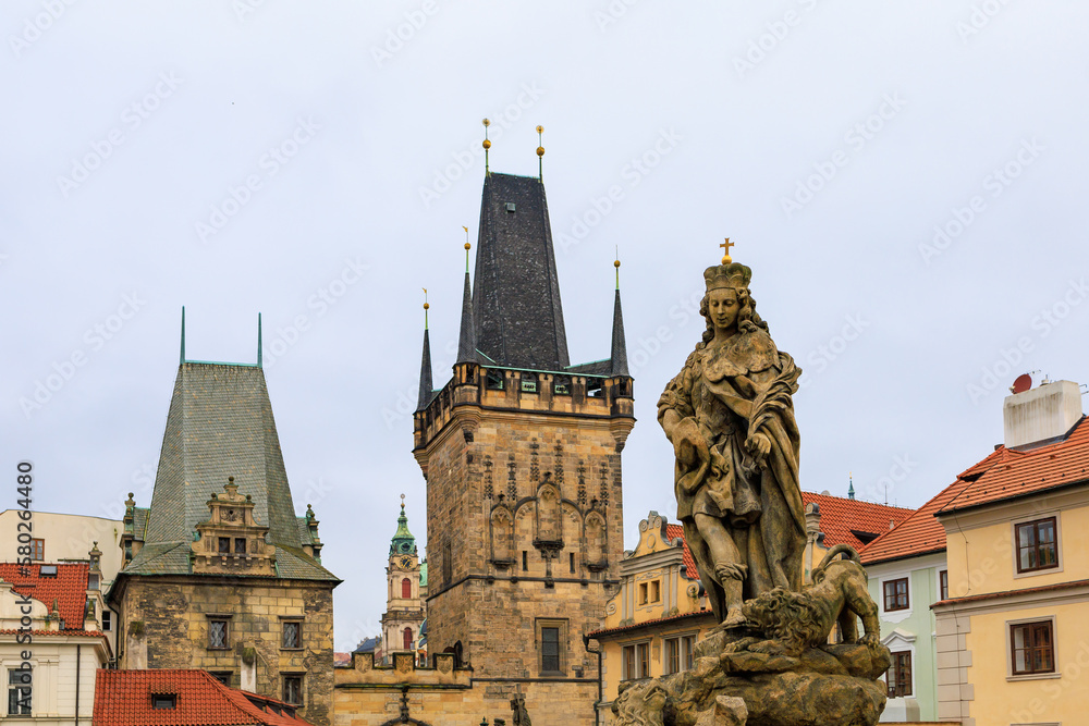 Ancient medieval sculptures on the Charles Bridge. Background with selective focus