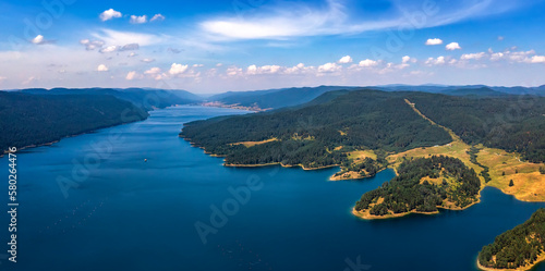 Stunning aerial panorama view of the lake coastline, Dospat, Bulgaria