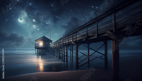 Beautiful night seascape with stars in the sky and pier stretching into the ocean. Summer  Travel  Vacation and Holiday concept - Wooden pier between sunset.
