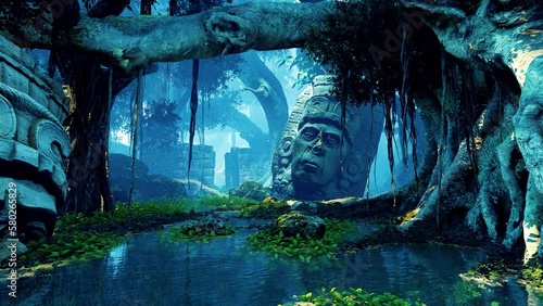 Sculptures of the gods of ancient civilizations in the jungle