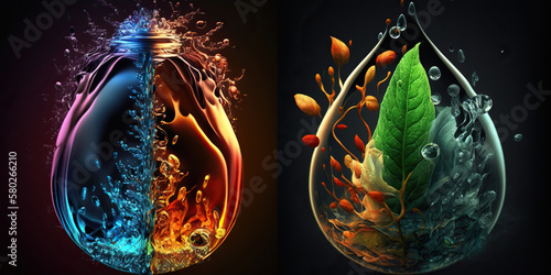 Two drops of the elements, fire, water, earth, air, Generative AI