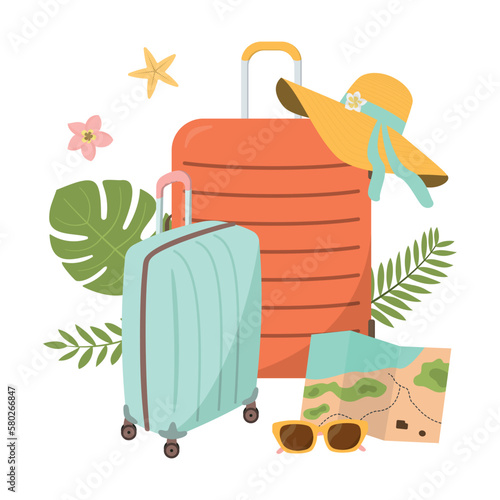 Summer traveling composition with luggage, hat, map, sunglasses, and green leaves. Isolated on white background. Vector illustration in cartoon flat style