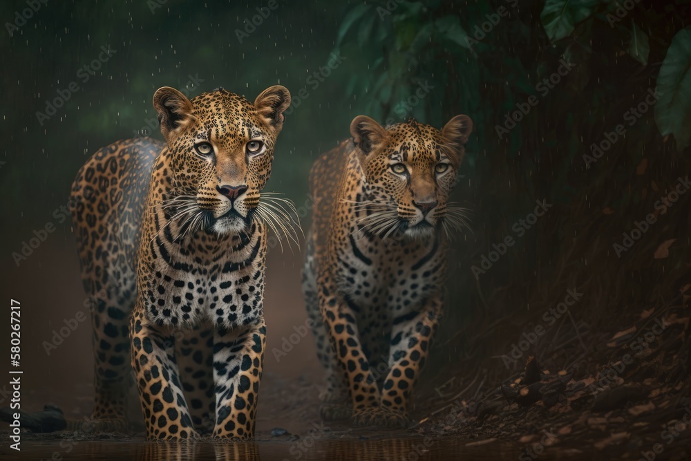 Obraz premium Two adult male Indian leopards (panthers) in the forest of central India during the wet monsoon season panthera pardus fusca. Generative AI