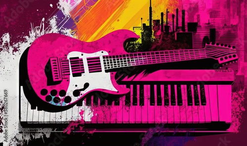  a pink guitar with a city skyline in the background and grungy paint splattered on the back of the guitar is a piano.  generative ai