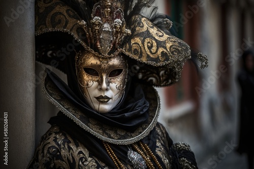 Photo taken on February 4, 2016, in Venice, Italy, of a woman wearing a mask for the annual carnival celebration. Generative AI
