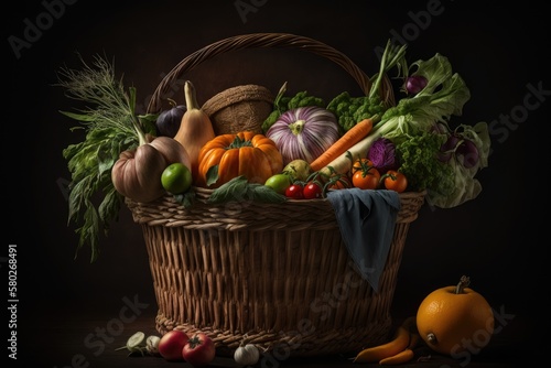 Premium fare delivered in a basket. Images of fresh produce taken in a studio and placed against a dark backdrop. First rate perspective. Product with a lot of detail. Generative AI