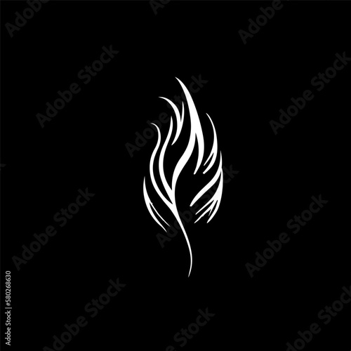 Abstract flaming leaf or flame silhouette on black background, minimalistic logo template, business identity, t-shirts print, tattoo. Vector illustration