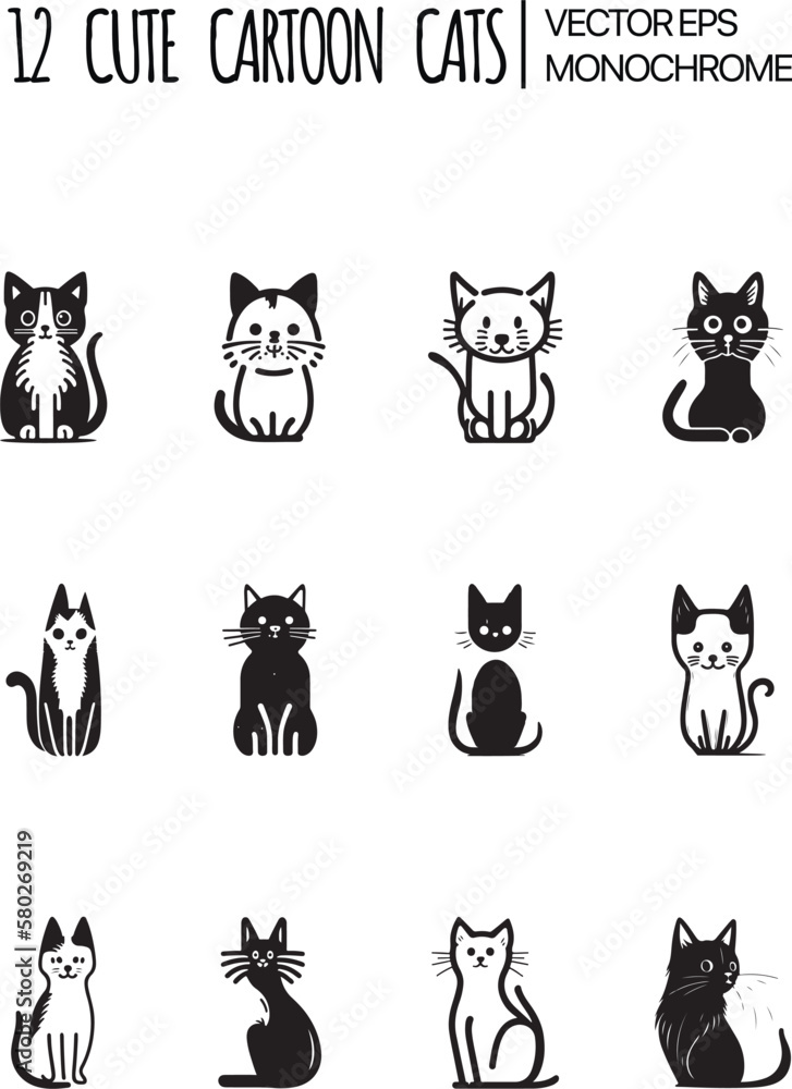 Vector collection of cute cats on white background. Flat style design for greeting card, poster, web, site, banner, sticker, logo