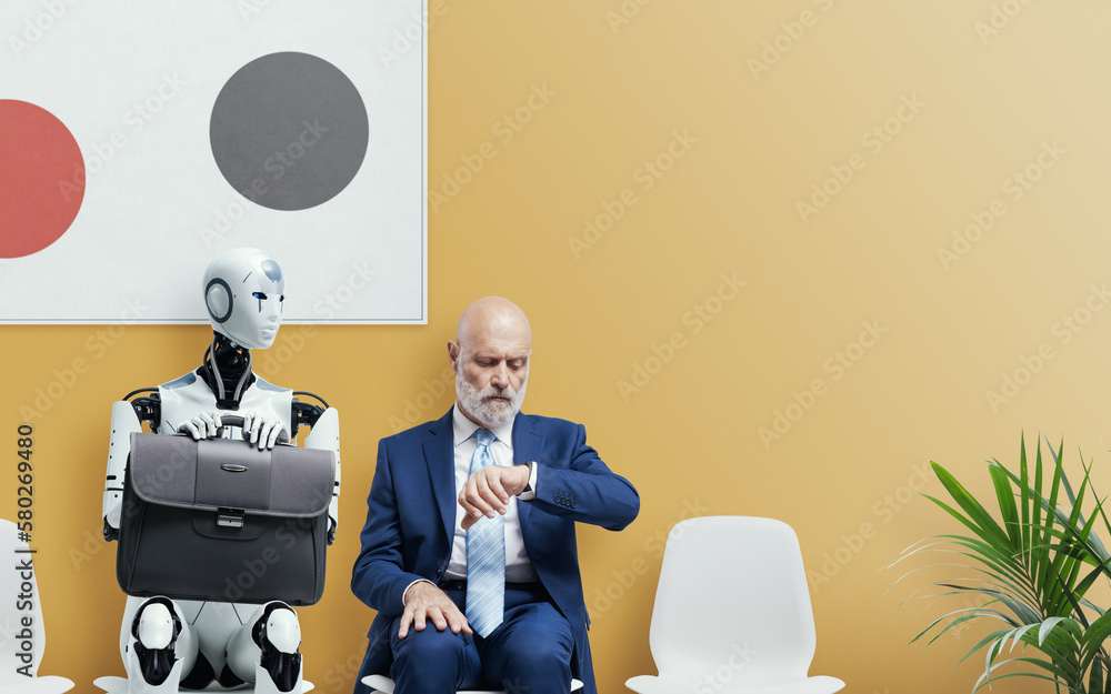 Man and AI robot waiting for a job interview - obrazy, fototapety, plakaty 