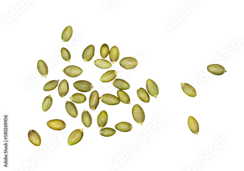 Pumpkin seeds isolated on a white background, top view.
