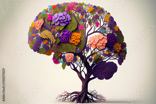 Human brain tree with flowers, self care and mental health concept. Generative Ai