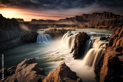 Shoshone Falls, also known as Niagara of the West, are located on the Snake River in Idaho, United States. Generative AI © AkuAku
