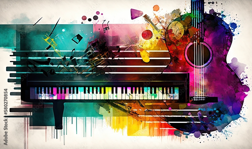 a piano with a lot of colorful paint splattered on it's side and a
