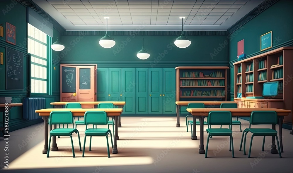 a classroom with green walls and wooden desks and green chairs and a chalkboard on the wall and a chalkboard on the wall. generative ai a classroom with green walls and wooden desks and green chairs and a chalkboard on the wall and a chalkboard on the wall. generative ai