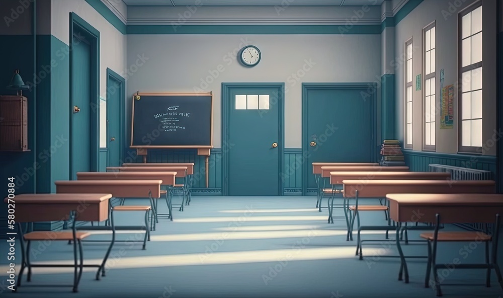 a classroom with desks and a chalkboard in the middle of the room with ...
