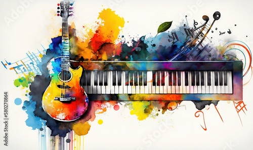  a guitar and musical instruments painted in watercolor on a white background with a splash of paint on the top of the image and the bottom half of the guitar. generative ai