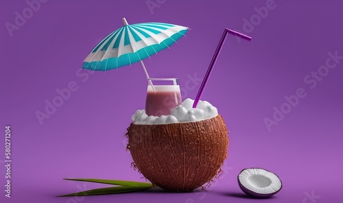  a coconut drink in a coconut shell with a straw and an umbrella on a purple background with a half of a coconut and half of a coconut.  generative ai