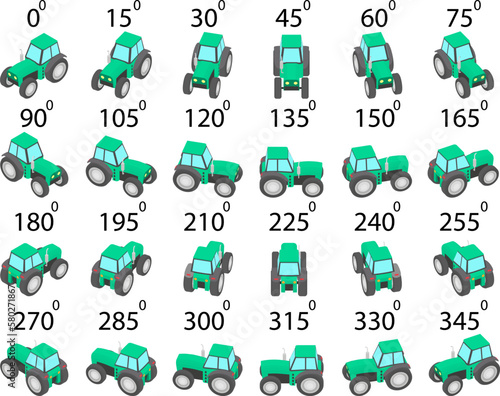 A set of 24 tractors from different angles. Rotation of the cab tractor by 15 degrees for animation and video games.